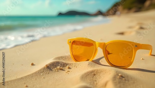 Wallpaper Mural selective focus of yellow sunglasses near suntan oil bottle on golden sand isolated on grey Torontodigital.ca