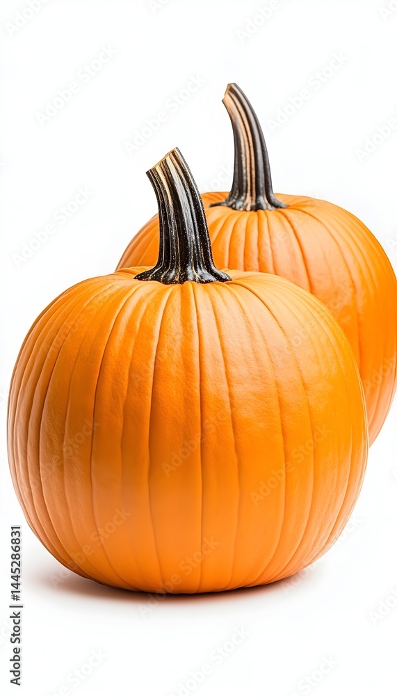 Obraz premium Two vibrant orange pumpkins, smooth skin, dark stems, isolated on white