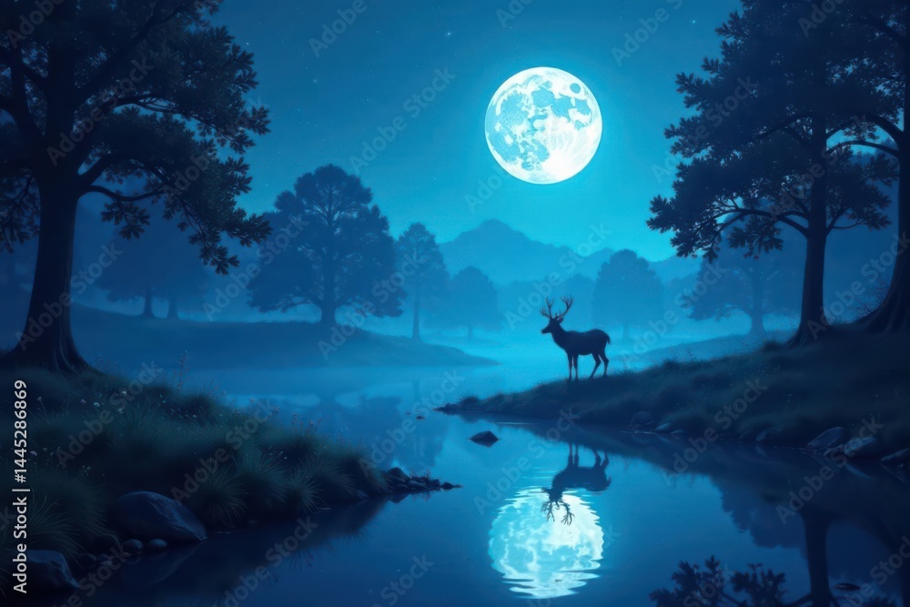 Obraz premium Futuristic forest, moonlit water, neon blue glow, deer silhouette, digital painting, trees