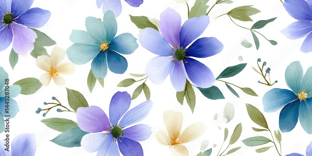 Fototapeta premium Hand-painted seamless watercolor background of violet, blue and soft yellow anemones, green leaves and brush textures on white, ideal for textile and stationery, Watercolor, Seamless Pattern.