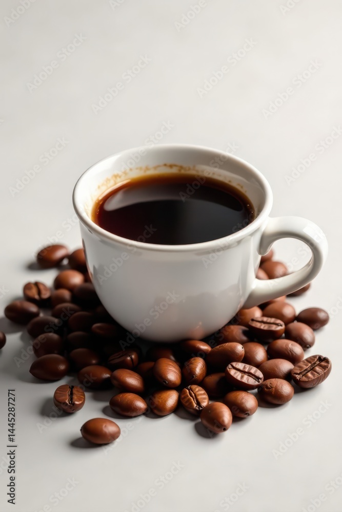 Obraz premium Fragrant coffee, white cup, roasted beans scattered, caffeine fix, warm