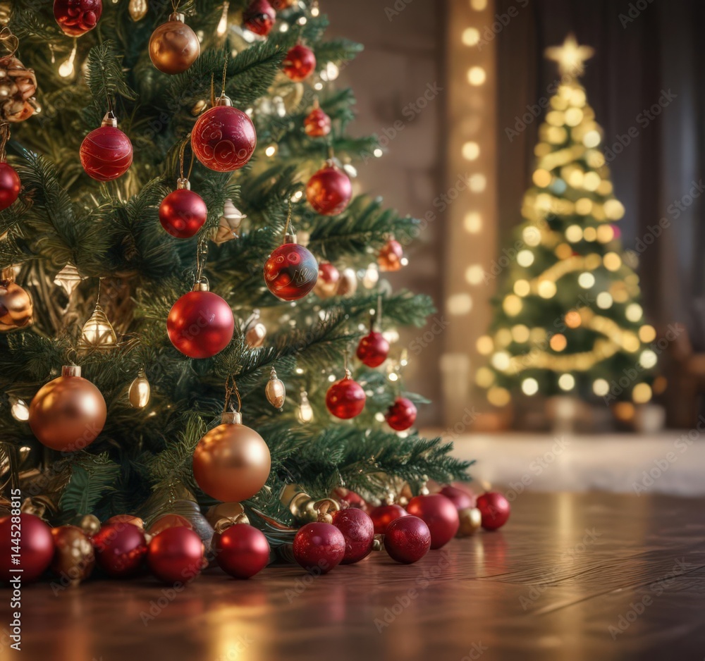 Ornate Christmas tree, vibrant baubles, soft bokeh lights, magic, colourful, season Ornate Christmas tree, vibrant baubles, soft bokeh lights, magic, colourful, season