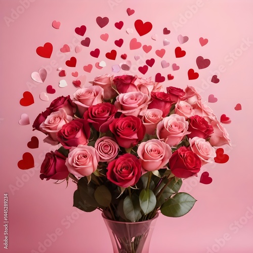 Romantic Red and Pink Roses Bouquet with Falling Hearts