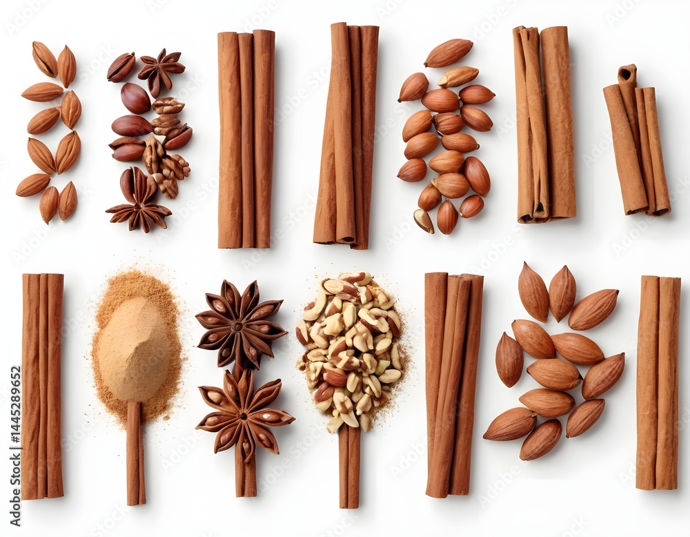 Cinnamon Sticks, Star Anise, Nuts, and Spices Flatlay Cinnamon Sticks, Star Anise, Nuts, and Spices Flatlay