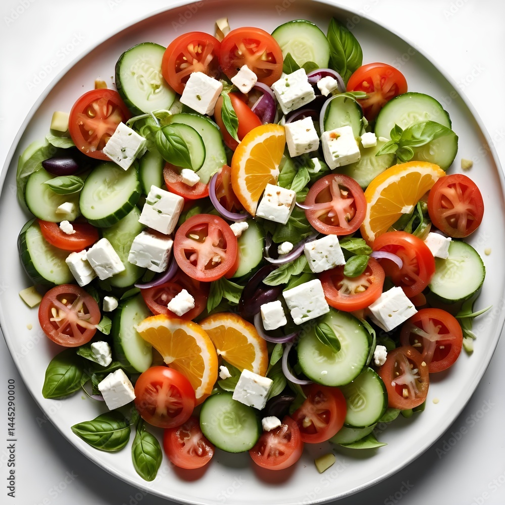 Fresh Greek Salad with Feta Cheese and Orange Slices Fresh Greek Salad with Feta Cheese and Orange Slices