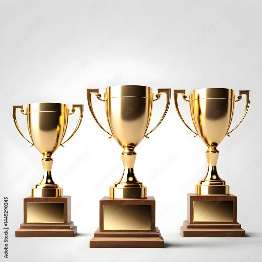 Three Golden Trophy Cups on Wooden Bases Three Golden Trophy Cups on Wooden Bases