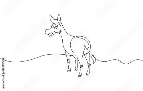 Donkey one line drawing on white isolated background. Vector illustration, Single one line drawing donkey cute farm animal. Friendly tame animals mascot for livestock.