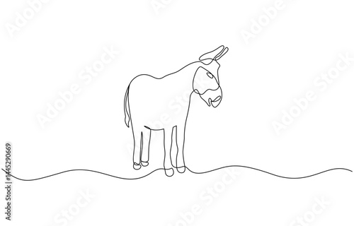 Donkey one line drawing on white isolated background. Vector illustration, Single one line drawing donkey cute farm animal. Friendly tame animals mascot for livestock.