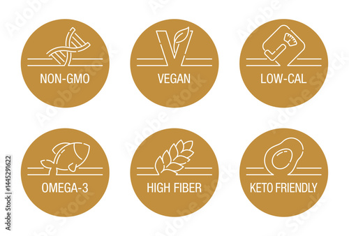Main features icons for food dietary supplement labeling, in thin line and circle shape