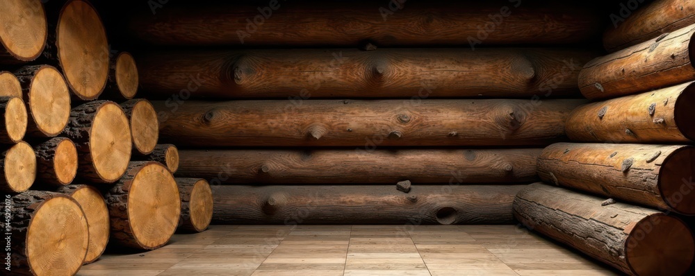 Rustic wood logs stacked against a larger log frame backdrop , rustic, interior, stacked Rustic wood logs stacked against a larger log frame backdrop , rustic, interior, stacked
