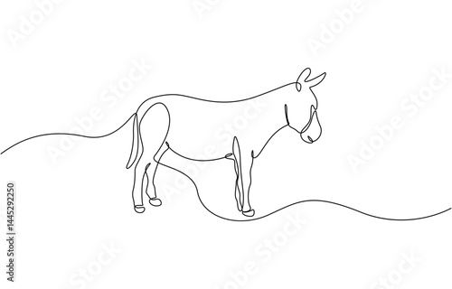 Donkey one line drawing on white isolated background. Vector illustration, Single one line drawing donkey cute farm animal. Friendly tame animals mascot for livestock.