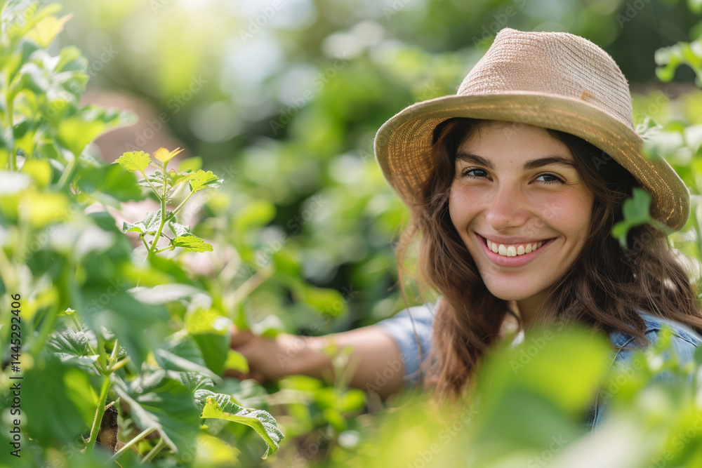 A beautiful female gardener passionately nurtures her garden, pouring her love and dedication into every plant, creating a picturesque landscape that radiates tranquility and joy A beautiful female gardener passionately nurtures her garden, pouring her love and dedication into every plant, creating a picturesque landscape that radiates tranquility and joy