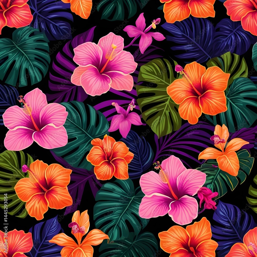 Vibrant Tropical Hibiscus and Monstera Leaf Pattern Vibrant Tropical Hibiscus and Monstera Leaf Pattern