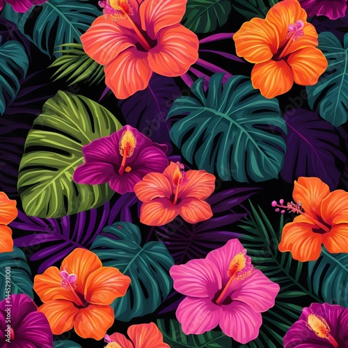 Wallpaper Mural Vibrant Tropical Hibiscus and Monstera Leaf Pattern Torontodigital.ca