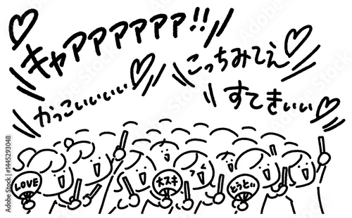ペンライトとうちわを持ちコンサートで盛り上がるアイドルファン女性達・推し活・fandom