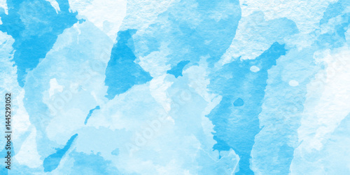 soft sky blue color watercolor background with watercolor stains, grunge Light blue background with watercolor, watercolor scraped grungy paper texture, Blue sky is surrounding with tiny clouds.