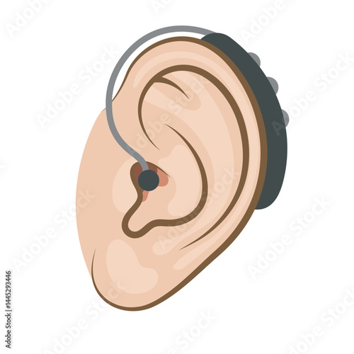 Ear with hearing aid icon in flat style on a white background. Deaf and hear aid concept. Hearing aid device in outline human ear silhouette isolated on white. Design element for medicine, health care