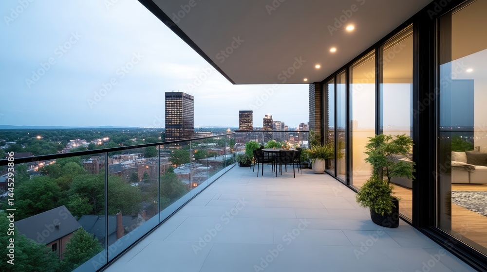 Fototapeta premium Urban balcony dining, city view