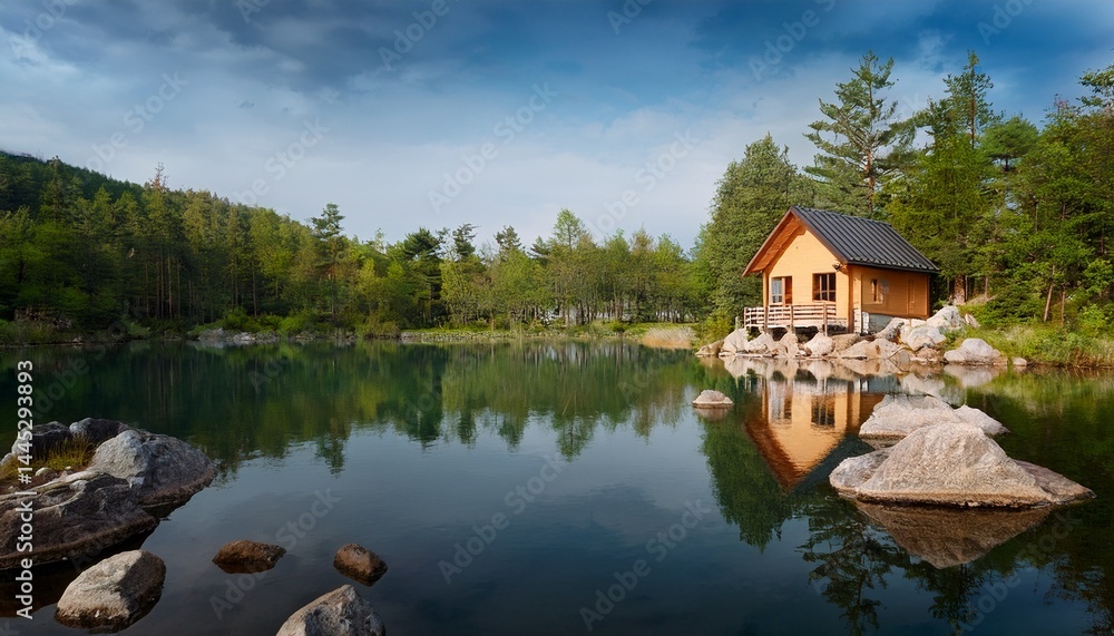 Fototapeta premium Serene Lakeside Cabin Retreat Tranquil Nature Escape, Wooden House