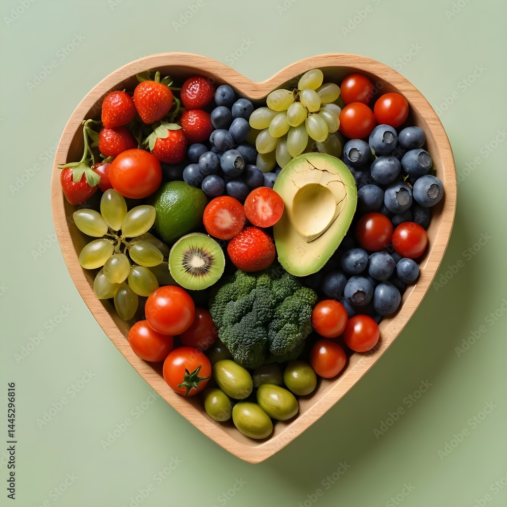 Heart-Shaped Bowl of Fresh Fruits and Vegetables Heart-Shaped Bowl of Fresh Fruits and Vegetables