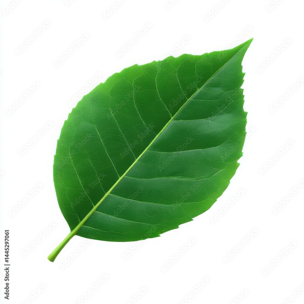 Obraz premium Close up of a single vibrant green leaf with prominent veins on white background
