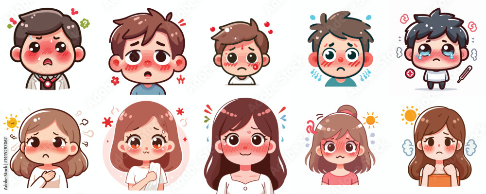 Obraz premium Vector Set: Cute Cartoon Characters with Fever Symptoms