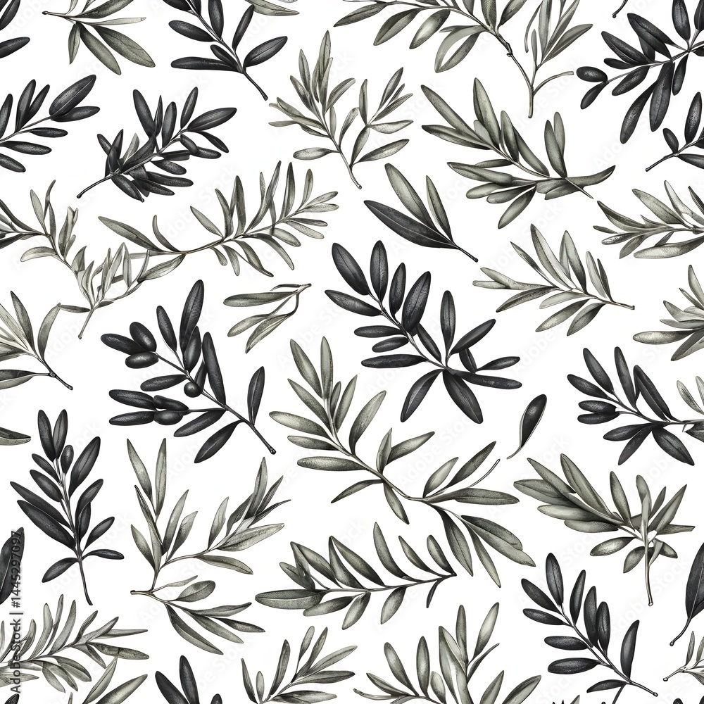 Monochrome Olive Branches Seamless Pattern Monochrome Olive Branches Seamless Pattern