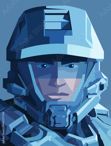 Futuristic Sci-Fi Soldier in Battle Armor  Vector Illustration of Space Military Trooper in Helmet and Suit