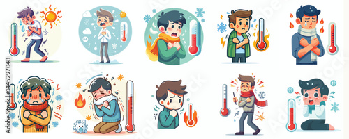 Vector Set: Cute Cartoon Characters Experiencing Fever and Chills