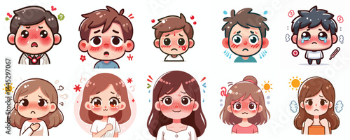 Vector Set: Cute Cartoon Characters with Fever Symptoms