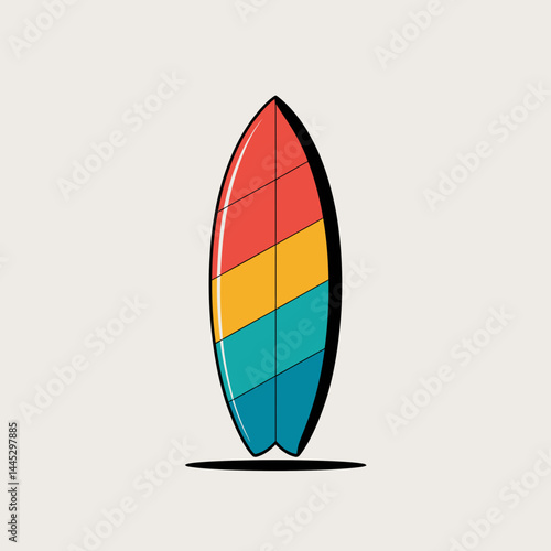 A vertically standing surfboard features bold, diagonal stripes in red, yellow, and teal