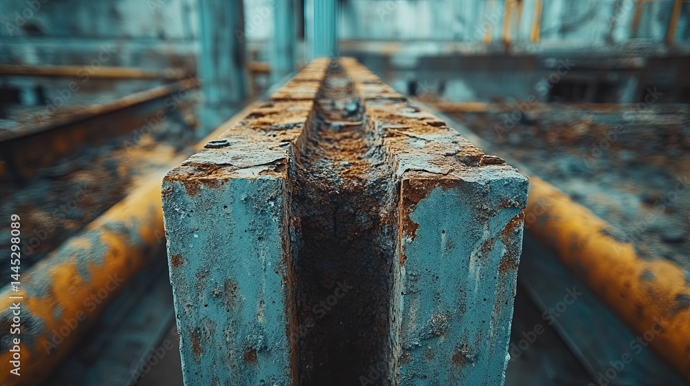 Close-up of rusted metal beams in an abandoned industrial structure. Close-up of rusted metal beams in an abandoned industrial structure.
