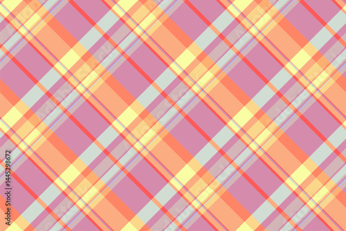 Vibrant plaid pattern with intersecting lines in pastel hues. A versatile backdrop for designs needing a touch of cheerful, retro style. Perfect for textiles and print.