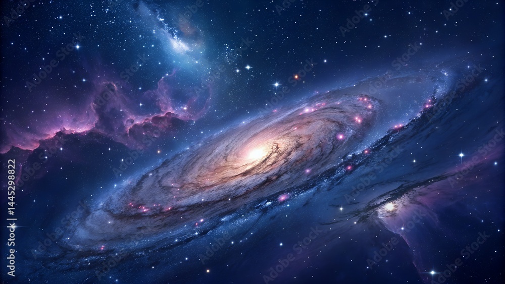 Fototapeta premium A cosmic galaxy with deep blues, purples, and stars swirling