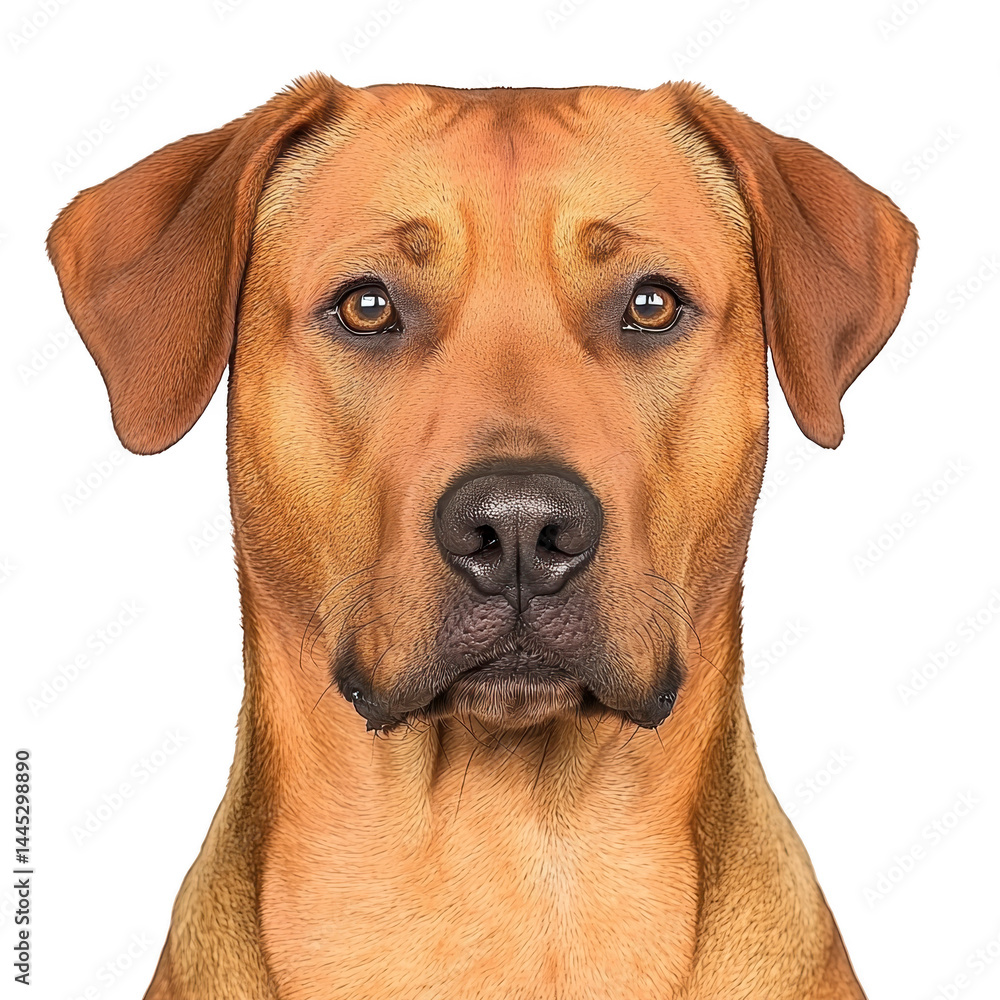 Realistic illustration of brown dog with focused expression, showcasing its detailed fur and attentive eyes. dog ears are perked up, adding to its alert demeanor Realistic illustration of brown dog with focused expression, showcasing its detailed fur and attentive eyes. dog ears are perked up, adding to its alert demeanor