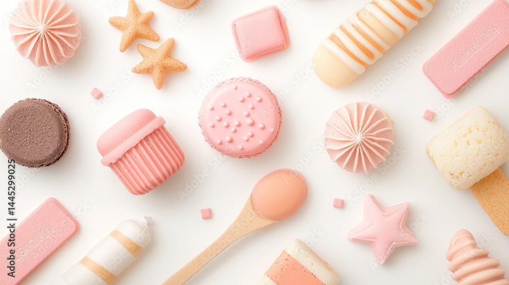 Pastel Pink Confectionery Flatlay on White Background Pastel Pink Confectionery Flatlay on White Background