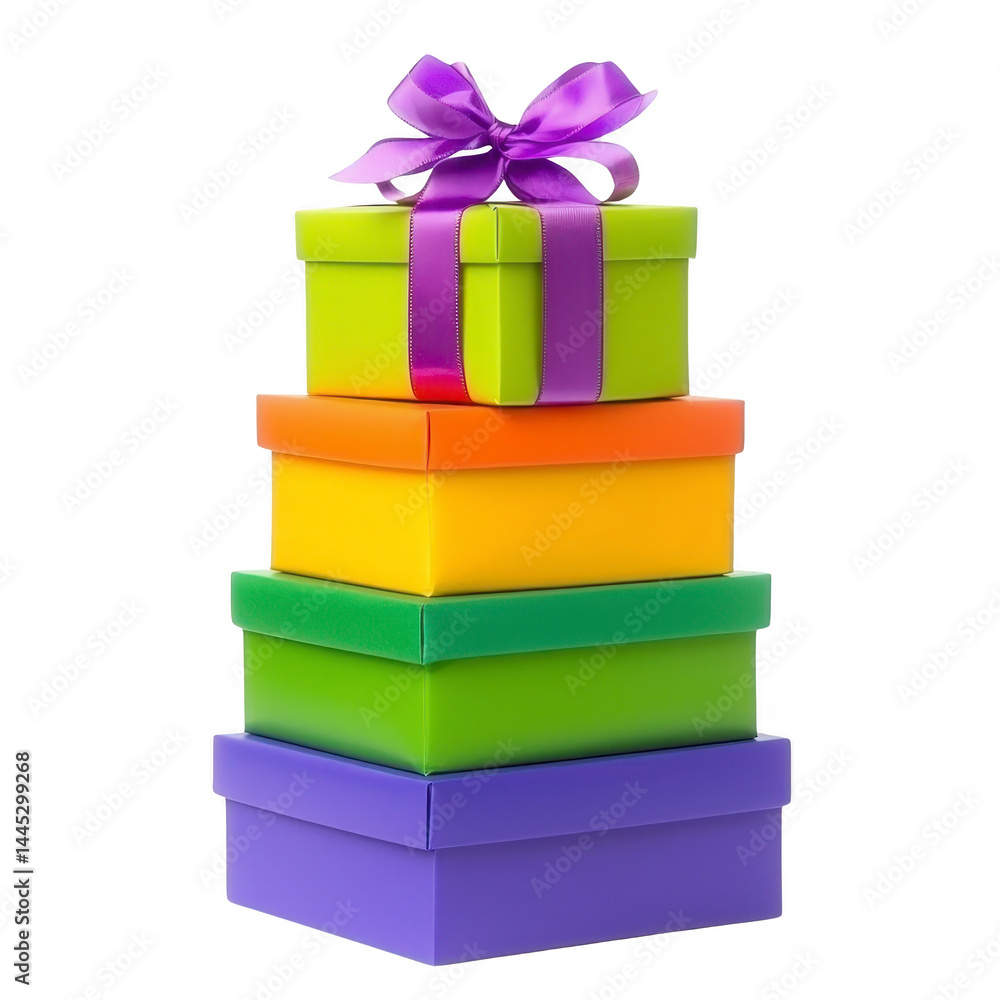 Obraz premium Colorful stack of gift boxes with purple ribbon, featuring vibrant green, orange, and yellow hues, perfect for celebrations and festive occasions