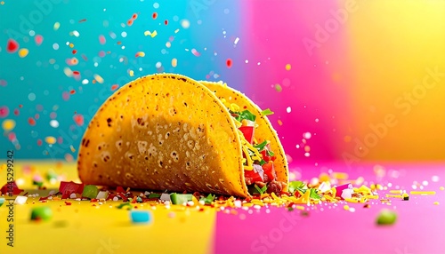 A vibrant colorful graphical display of a colorful taco bursting with flavors, cheese sprinkling in mid-air, flying ingredients, dynamic motion, and festive energy showcasing delicious Mexican cuisine