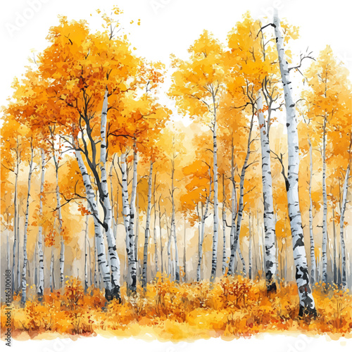 watercolor of Autumn Forest With Colorful Maple Trees, vector, isolated on a white background.
