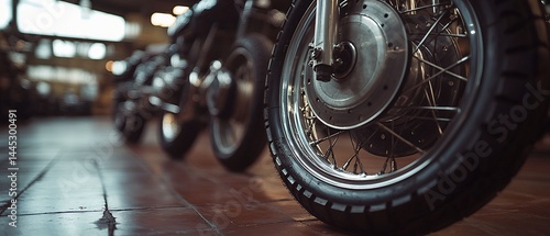 Motorcycle front wheels in a row, focusing on spokes and tires on tile floor