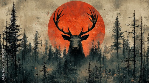 Majestic deer in a dark forest with a blood red sun