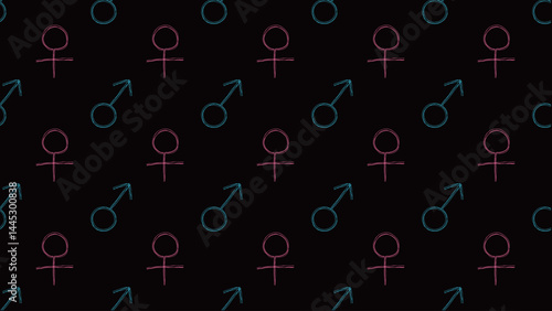 黒い下地にピンクと水色の性別マークのパターン背景イラスト。シームレスなベクターの4Kイラスト素材