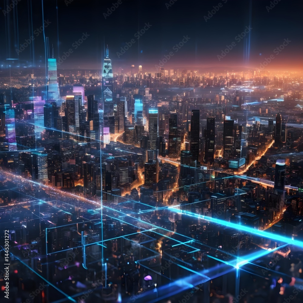 Futuristic Cityscape at Night with Digital Overlay Futuristic Cityscape at Night with Digital Overlay