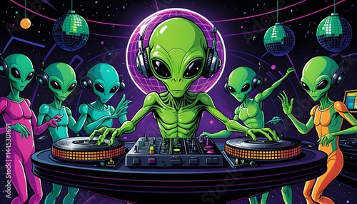 Extraterrestrial Dj Mixing Music at Futuristic Party