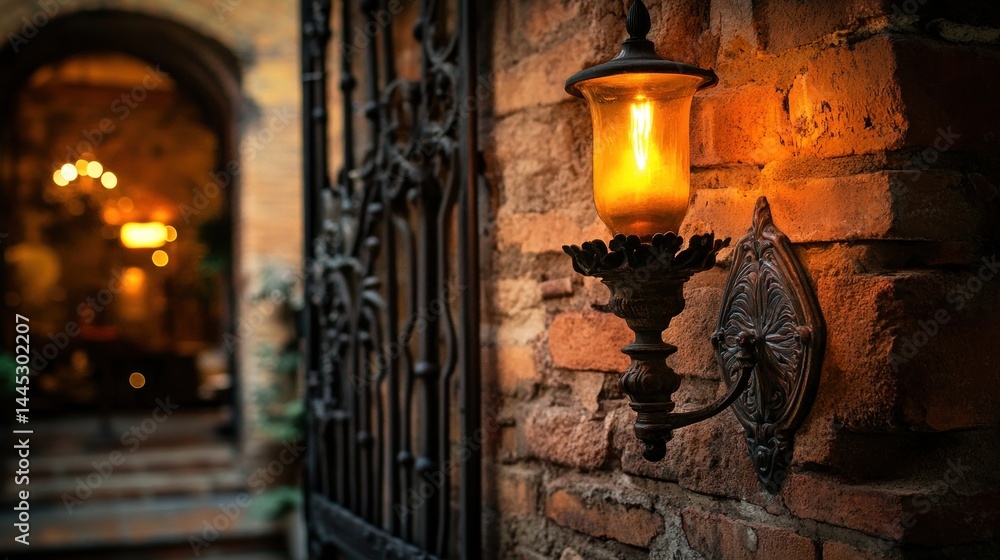 Fototapeta premium Glowing wall lamp, brick gate, courtyard, evening