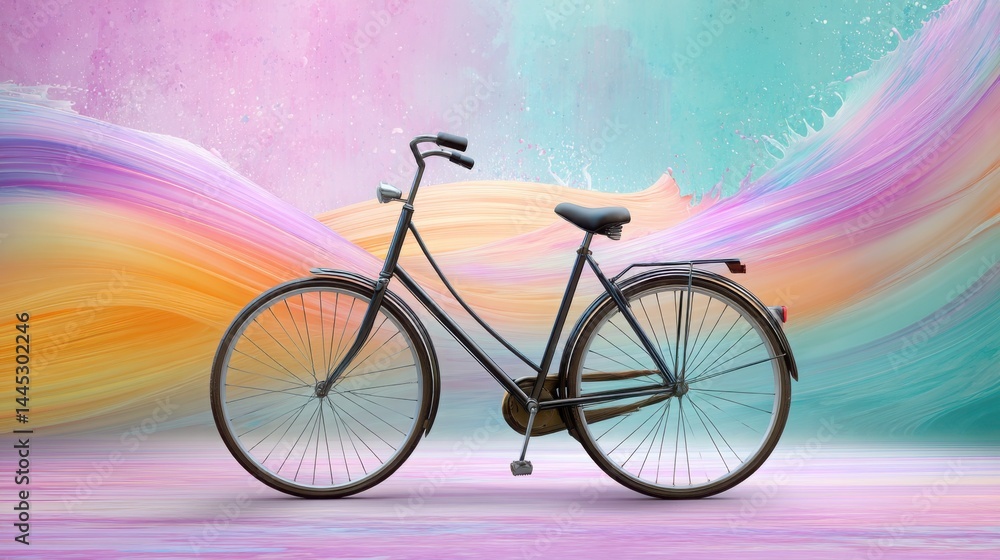 Fototapeta premium vintage bicycle floating through a dynamic colorful paint wave, digital surrealism, vivid pastel