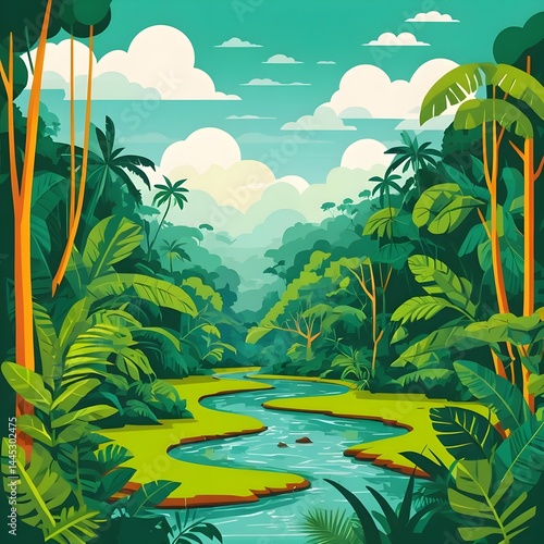 Lush Tropical Rainforest River Landscape