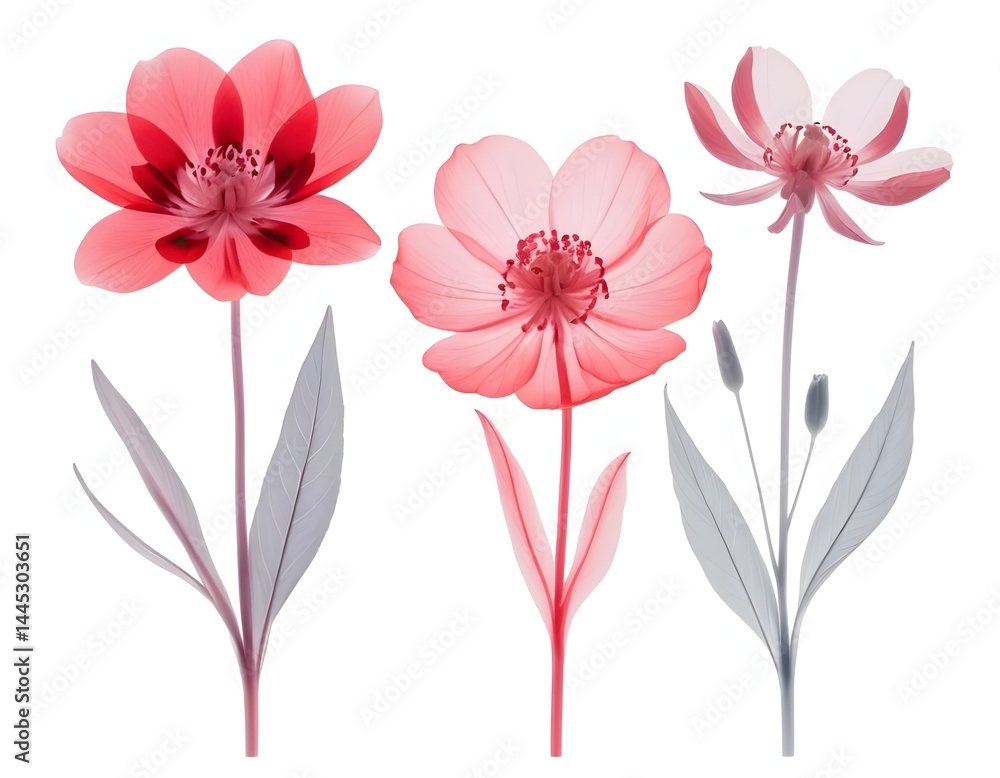 Obraz premium Three Delicate Pink Flowers, X-Ray Style