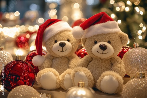 Wallpaper Mural Festive bears wearing Santa hats surrounded by sparkling ornaments celebrating the joy of the holiday season in a cozy setting Torontodigital.ca