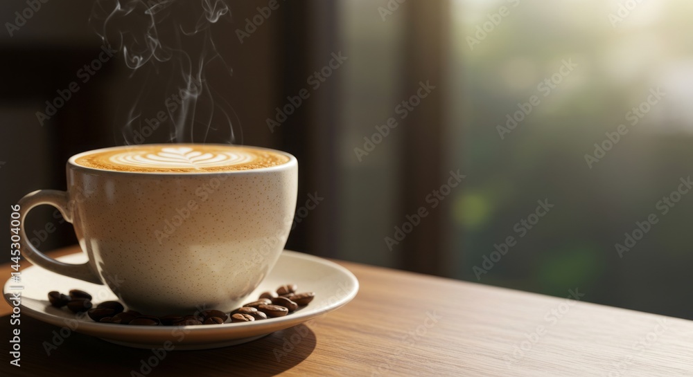 Obraz premium Steaming cup of latte coffee on wooden table with beans. Concept of morning energy, cozy cafe atmosphere. Use for menu design or blog post.